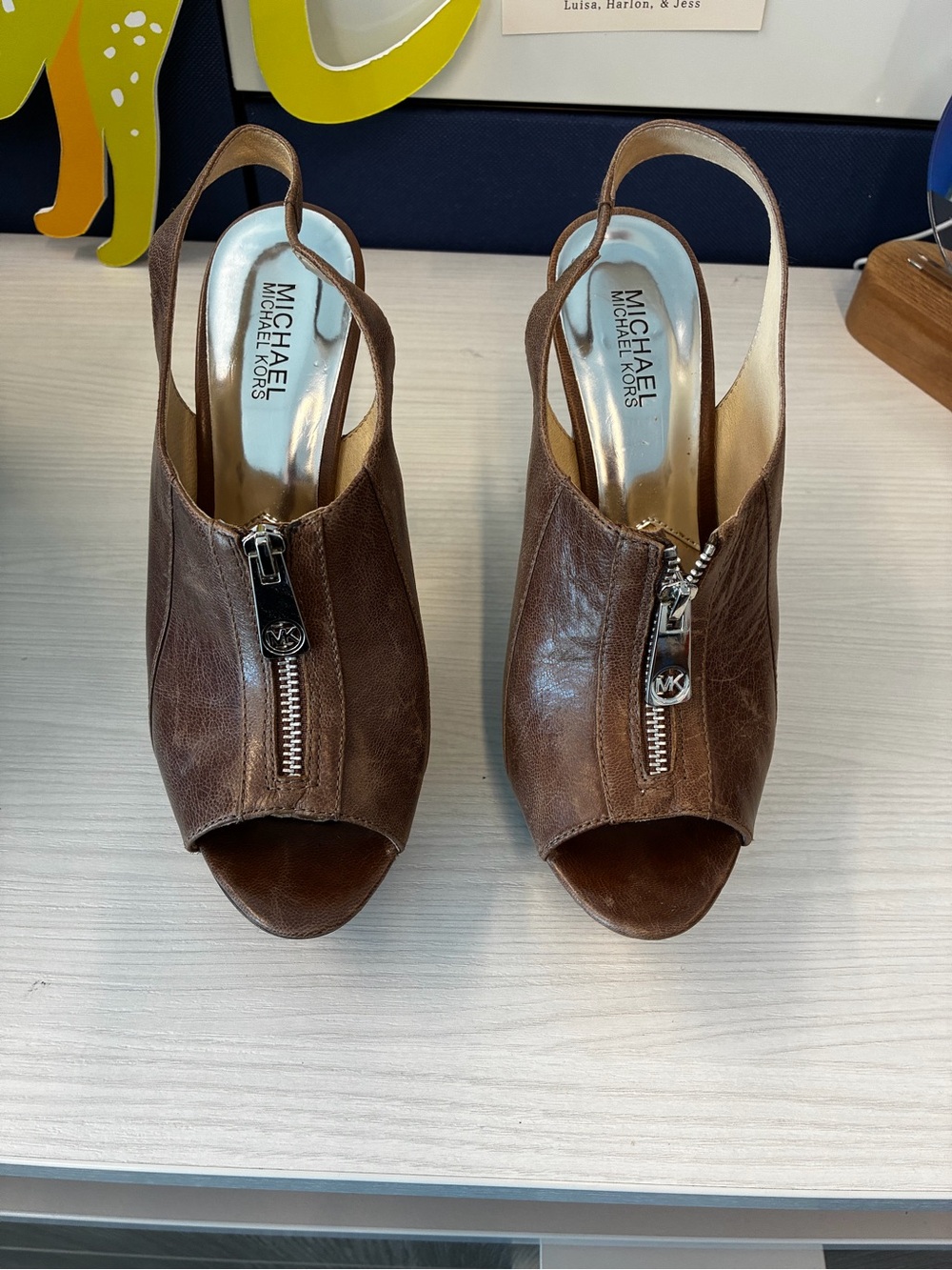 MICHAEL Michael Kors Brown Leather Peep-Toe Slingback Heels with Front Zipper